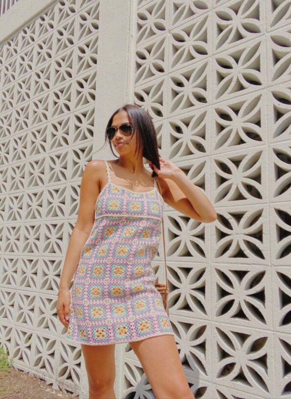 Zara Crochet Granny Square Mini Dress Purple Boho Festival Coastal Lined Medium